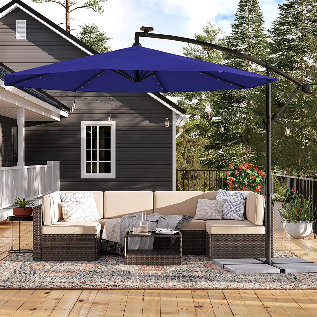 #1 - Haveparasol med solcelledrevne LED-pærer, Ø3m paraply med stativ, UPF 50+ beskyttelse, marineblå
