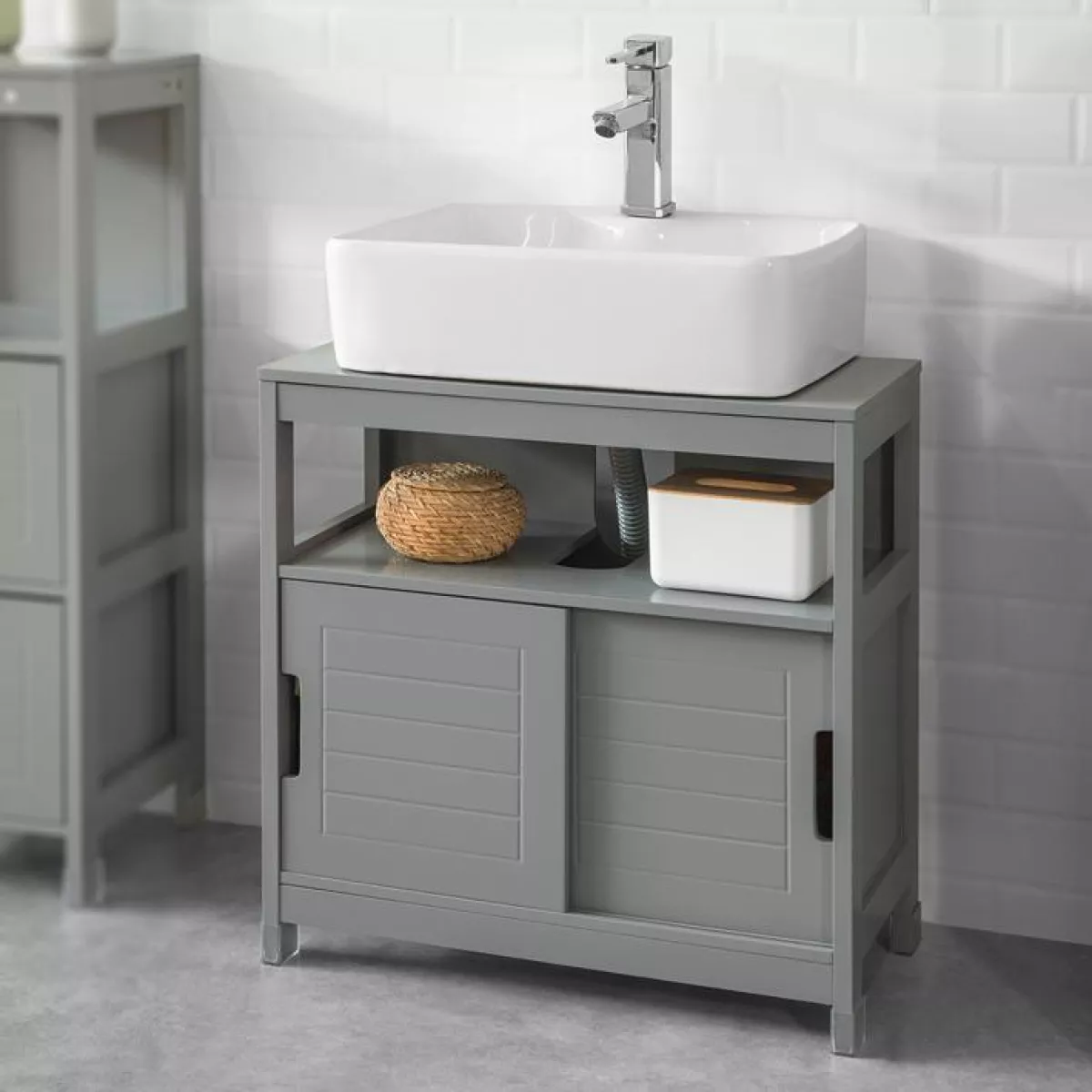 #1 - Vaskeskab til badeværelse med to skydedøre, 60x30x61 cm, grå