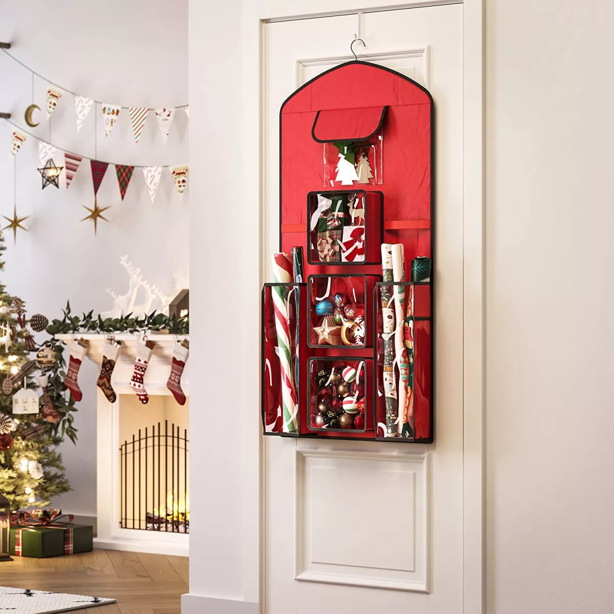 #1 - Smart opbevaringstaske til at hænge på væggen til julesager, rød