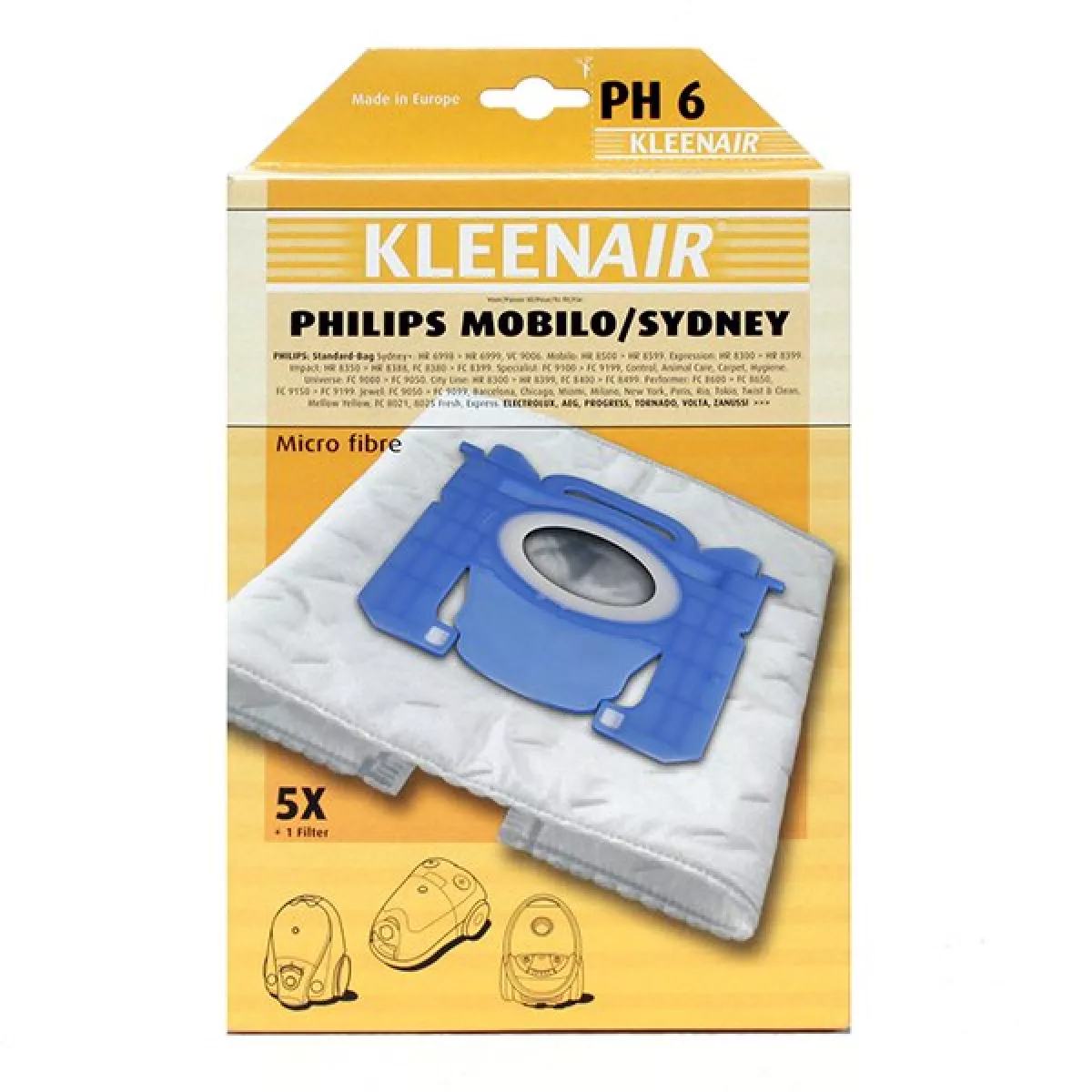 #3 - KLEENAIR PH6 støvsugerpose til Philips sydney mfl., 5 stk. + 1 filter