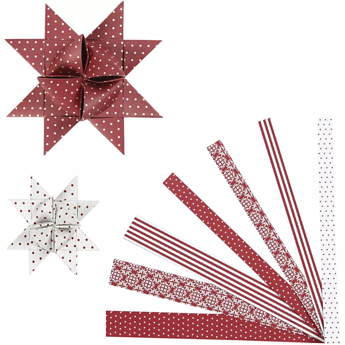 #1 - Stjernestrimler, L: 44+78 cm, diam. 6,5+11,5 cm, B: 15+25 mm, rød, hvid, 60 strimler/ 1 pk.