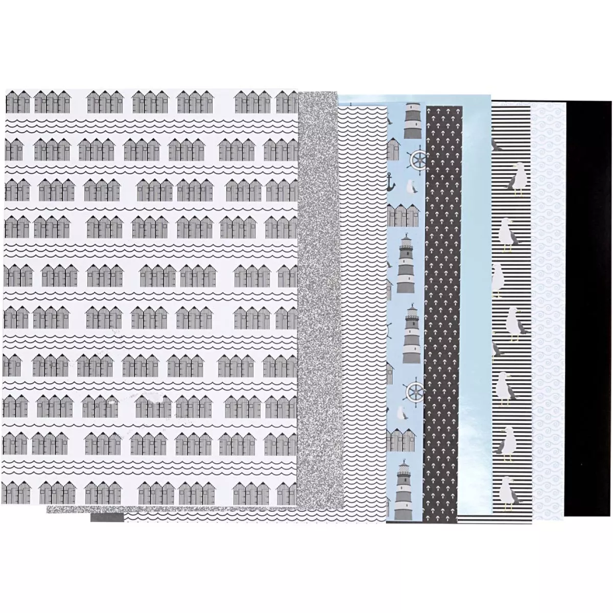 #2 - Designpapir i blok, str. 21x30 cm, 120+128 g, sort, blå, grå, hvid, 24 ark/ 1 pk.