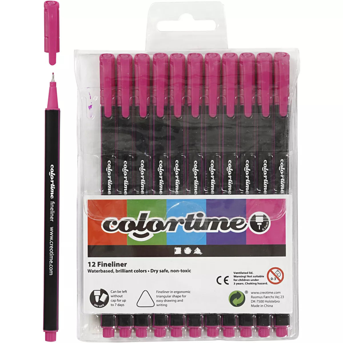 #1 - Colortime Fineliner Tusch, streg 0,6-0,7 mm, cyklame, 12 stk./ 1 pk.