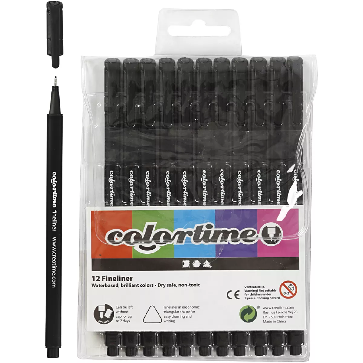 #1 - Colortime Fineliner Tusch, streg 0,6-0,7 mm, sort, 12 stk./ 1 pk.