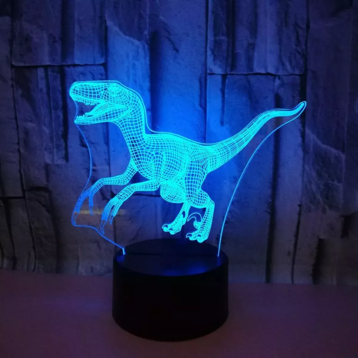 #1 - Dinosaurus 3D lampe. Flot Velociraptor lampe. Farveskift mellem 7 farver.