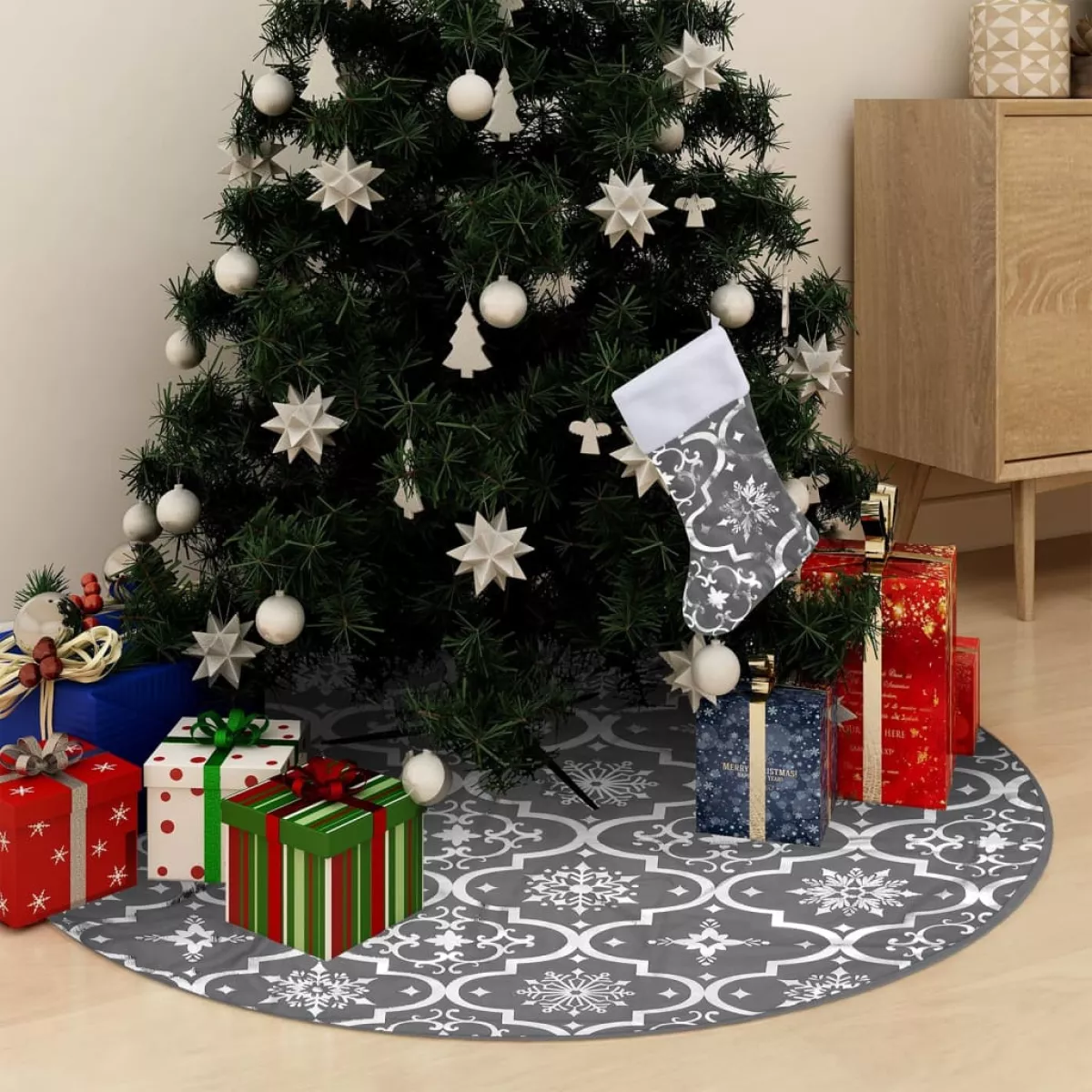#1 - vidaXL luksuriøs skjuler til juletræsfod med julesok 150 cm stof grå