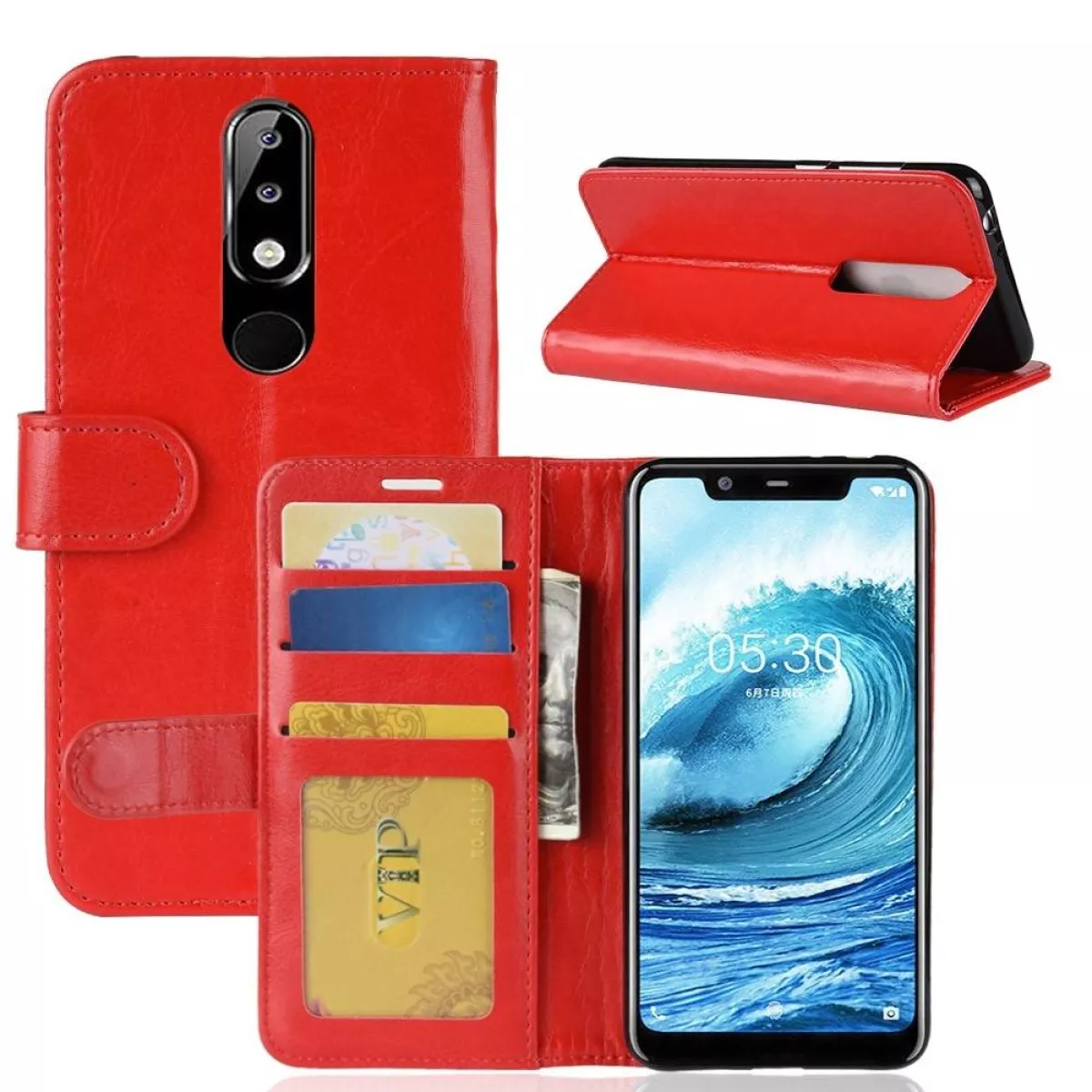#1 - Nokia 5.1 Plus - Læder cover / taske - Rød