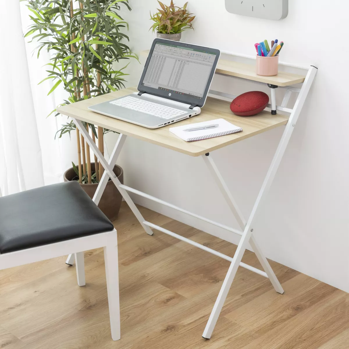 #1 - Foldbart skrivebord med hyld - MDF + stål - str. 84 x 97 x 60 - Lys bøg