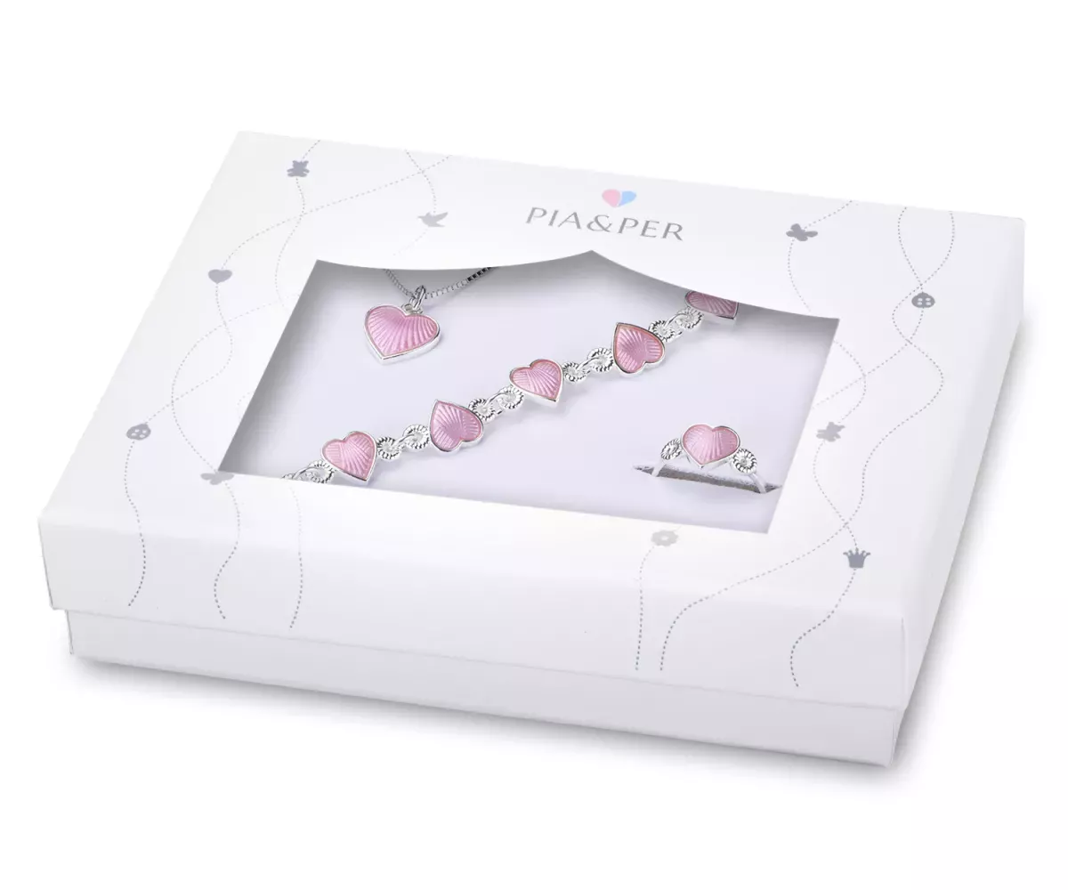 #2 - Pia & Per hjerte gavesæt med børnesmykker i sølv, rosa