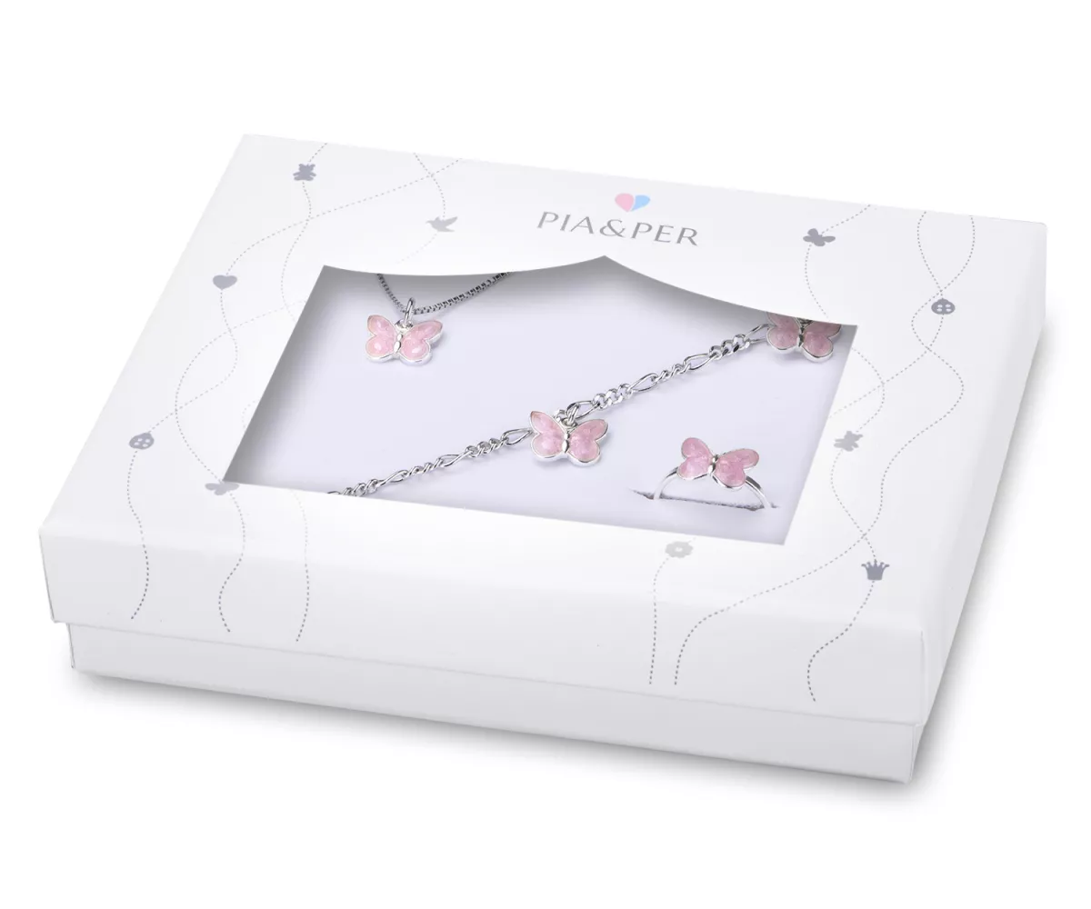 #1 - Pia & Per sommerfugle gavesæt med børnesmykker i sølv, rosa