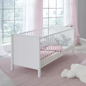 2: Tremmeseng med lamelbund i hvid kunstfiner til babyværelset