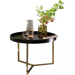 8: Rundt bakkebord / sofabord, guldfarvede ben, sort bordplade, glamour-stil