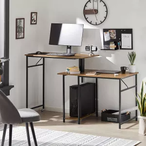 13: Smart, fleksibelt skrivebord med 2 bordplader og hylder, brun