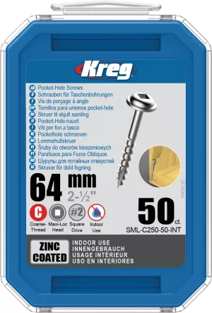 16: KREG Pocket-Hole skruer 64mm Zinc Coated Maxi-Loc grov gevind 50stk