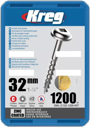 14: KREG Pocket-Hole skruer 32mm Zinc Coated Maxi-Loc grov gevind 1200stk