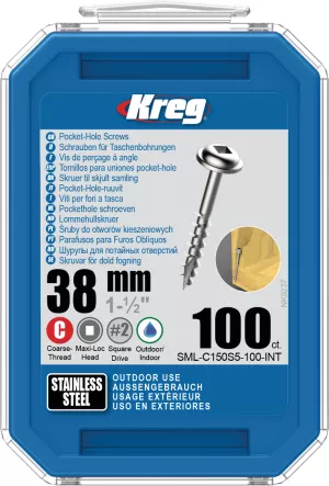 14: KREG Pocket-Hole skruer 38mm Stainless Steel Maxi-Loc grov gevind 100stk