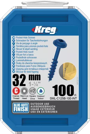 15: KREG Pocket-Hole skruer 32mm Blue-Kote Maxi-Loc grov gevind 100stk