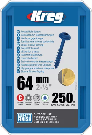 10: KREG Kreg Pocket-Hole skruer 64mm Blue-Kote Maxi-Loc grov gevind 250stk