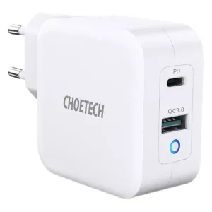 14: Choetech 65W GaN USB-C PD + USB-A QC 3.0 Vægoplader, Hvid