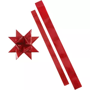 5: Stjernestrimler, L: 86+100 cm, diam. 11,5+18,5 cm, B: 25+40 mm, rød, rød glitter, 16 strimler/ 1 pk.
