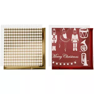 3: Dekorationsfolie og design limark, nøddeknækker, julemand og ballerina, 15x15 cm, guld, rød, hvid, 4 ark/ 1 pk.