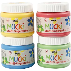 7: Muck Finger- og tekstilmaling, blå, grøn, rød, gul, 4x150 ml/ 1 pk.