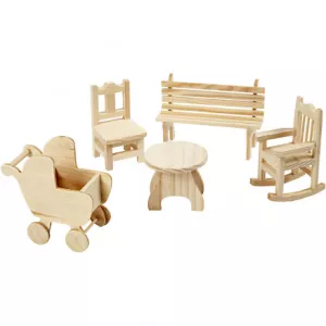 14: Minimøbler, stol, bænk, gyngestol, bord, barnevogn, H: 5,8-10,5 cm, 50