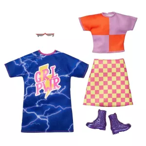 2: Barbie 2 sæt dukketøj, kjole m. lyn og ternet skirt