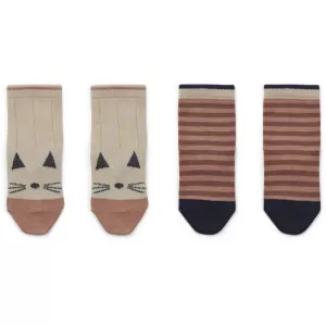 4: Liewood Silas Cotton Socks 2 Pack Cat/Stripe Coral Blush