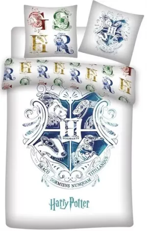 6: Harry Potter sengetøj - 140x200 cm - Blåt Hogwarts våbenskjold - Vendbar dynebetræk - 100% bomulds sengesæt