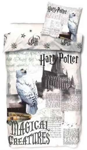 1: Harry Potter sengetøj - 140x200 cm - Hogwarts og Hedvig - Sengesæt 2 i 1 design - Dynebetræk i 100% bomuld