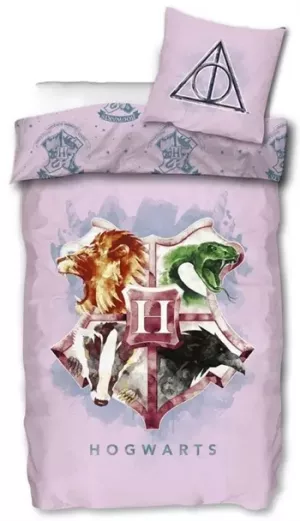 4: Harry Potter sengetøj - 140x200 cm - Lyserødt med Hogwarts skjold - Dynebetræk med 2 i 1 design - 100% bomuld
