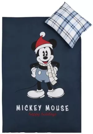 11: Jule sengetøj junior - 100x140cm - Mickey Mouse - Julemotiv Blå - 100% bomuld