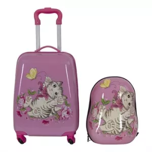 13: Børnekuffert - Kabinekuffert på hjul med rygsæk - Pink med motiv af en killing - Rejsesæt til børn