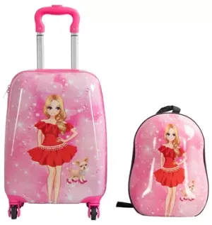 12: Børnekuffert - Kabinekuffert på hjul med rygsæk - Pink med motiv af pige & hund - Rejsesæt til børn