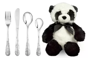 13: Barnebestik Panda i stål inkl. blød bamse
